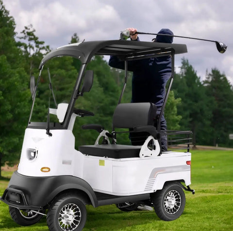 Heavy Duty Electric Golf Cart For Adults on green grass, white finish, designed for golf courses and outdoor leisure.