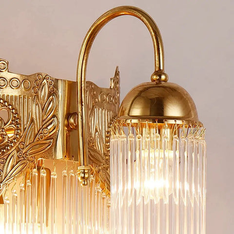 Luxe Copper Crystal Wall Sconce With Vintage Glass Rod Accent For Bedroom Entryway And Living Room Featuring Quick Install Kit, detailed view.