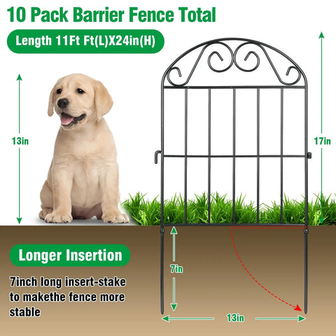 10 Panel Collapsible Garden Fence For Dogs And Rabbits Black Rustproof Metal Wire Arched Border 10 Ft Long 24 In High