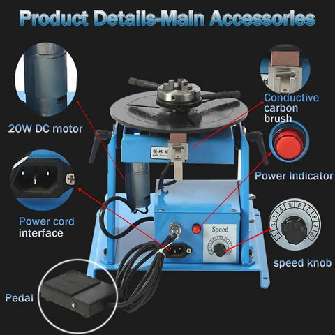 Solid Micro Welding Positioner Turntable Paired With Semi Automatic Rotary Workbench showing 20W motor, power indicators, speed knob, and foot pedal.