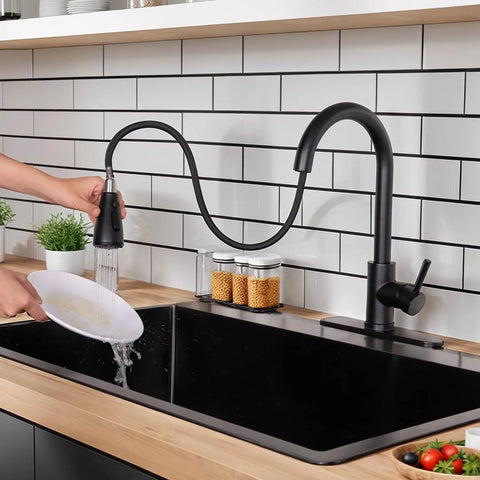 Stainless Steel Kitchen Faucet With Pull Down Sprayer, Farmhouse Brushed Nickel Finish, in use over double sink indoors