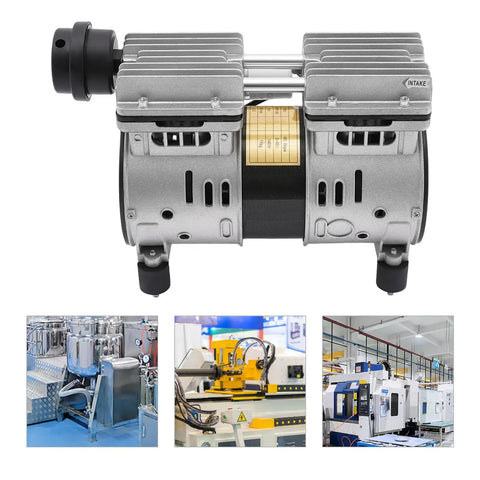 Industrial Oil Free Piston Vacuum Pump Air Compressor 370W double cylinder motor with heavy duty design for high pressure applications.