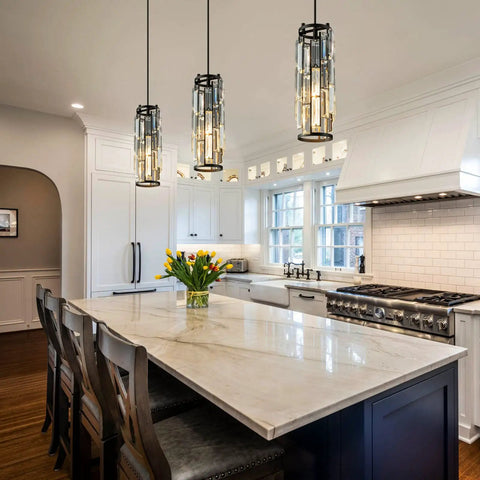 Dope Black Modern Crystal Pendant Light For Kitchen Island With Adjustable Height, K9 Crystal Beads, E27 Base, 1 Pack over countertop