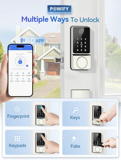 Top Notch Keyless Entry Door Lock With Slick Handle Design, Smart App Managed Keypad, Heavy Duty Auto Locking Security, No Fuss Install And Steady Battery Power with multiple unlocking options displayed.