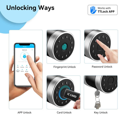 5 In 1 No Fuss Keyless Entry Smart Lock With Fingerprint Bluetooth TTLock App IC Card And Backup Key For Front Door Airbnb Friendly Digital Door Knob Lock With App Unlock And Secure Access showing unlocking methods: app unlock, fingerprint, keypad, IC card, and backup key.