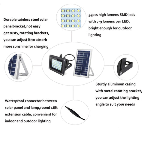 JUDYSSY Outdoor Solar Flood Lights showing tailless steel solar panel, 54 SMD LEDs, and adjustable metal brackets for landscape lighting.