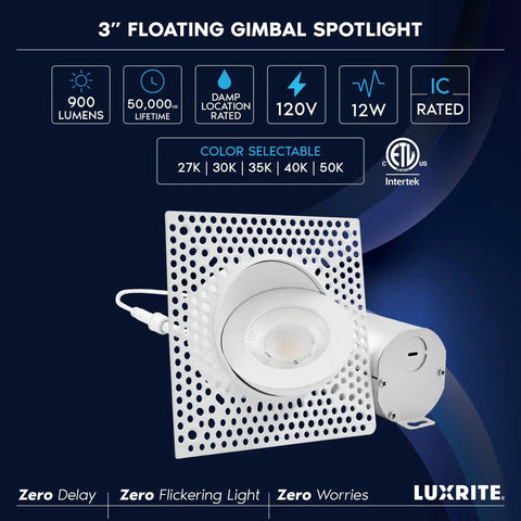Slick Floating Gimbal Led Trimless Recessed Light Kit Featuring Built In Junction Box With Killer Glow Dimmable Bulbs Flexible Swiveling Eyeball Heads Rock Solid Cri 90 Downlights For Modern Home Interiors Easy Setup Six Pack installed in ceiling with sleek design and adjustable spotlight.