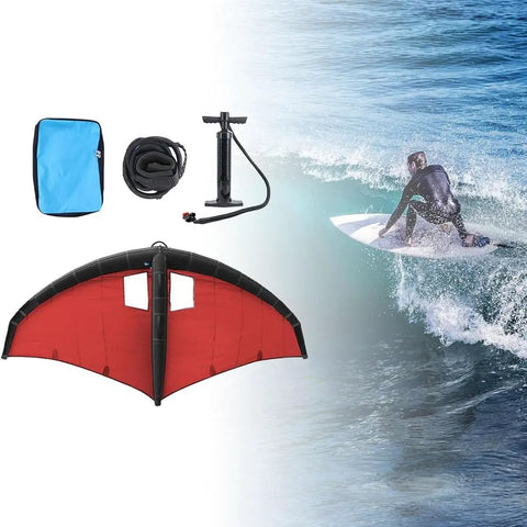 Dope Inflatable Surfing Wing For Wind Wing Foiling And Kitesurfing, handheld foil wing, pump, bag, surfer in action, 6 sq ft