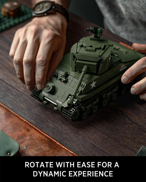 Hands assembling M4 Sherman Tank Building Kit For Adults, Realistic WW2 Military Model with Movable Front Section, 860 Pieces