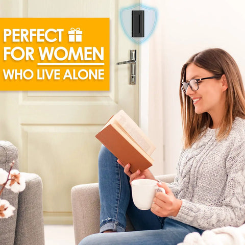 Woman reading with door featuring Heavy Duty Home Security Door Reinforcement Lock With 3 Inch Stop And 800 Pounds Of Force