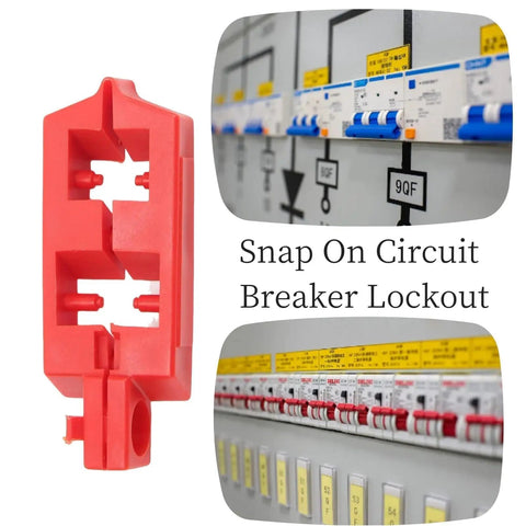 Heavy Duty Circuit Breaker Lockout Kit 10 Pack Snap On Safety LOTO Gear showing a red snap-on lockout tool for circuit breakers.