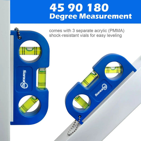 Pro Grade Magnetic Level Set Comes With Two Heavy Duty Bubble Torpedoes Plus Dual Acrylic Spirit Levels featuring a blue 45-90-180 degree level with shock-resistant vials.