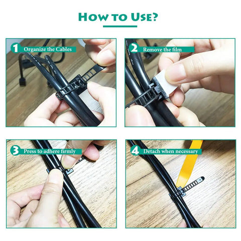 Four-step process using 200 Piece Adhesive Nylon Cable Ties And Cord Clips Desk Wire Management Kit Pro Grade Strong Durable Zip Ties Easy Peel And Stick Reusable And Adjustable Keeps Cables Neat With No Residue to organize and secure cables.
