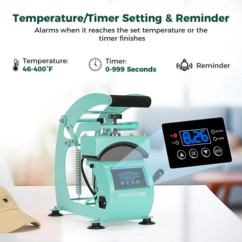 Hat Heat Press Machine For Caps With Two Interchangeable Platens 6.7x3.8 Inches And 6.7x2.5 Inches, Rigid Steel Frame No Stick Teflon Coated, Digital LCD Timer Temperature Control, Portable Desktop Design For Home And Small Business, mint green cap press with digital panel