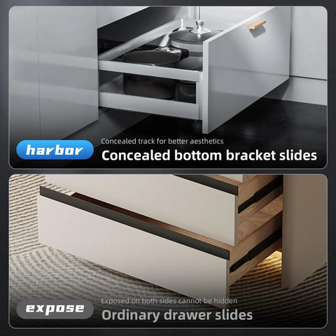 Comparison of Bottom Mount Soft Close Drawer Slides Set 10 12 14 16 18 20 22 24 Inch Full Extension Concealed Rails 100 Pound Load Without Bracket Fits One Half To Five Eighth Inch Drawer Sides Frameless Cabinets Easy Install Beefy Steel with exposed drawer slides.