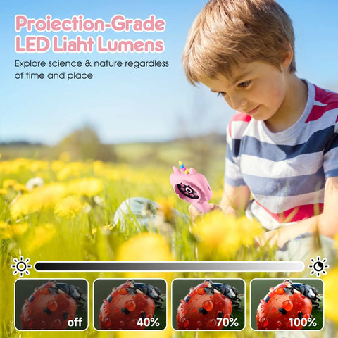 Kids Digital Microscope With 2.4 Inch Hd Screen, 600X To 4800X Magnification, Handy Handheld Miniscope For Super Fun Photos And Videos, Portable Education Toy For Ages 3 4 5 6 7 8 9 10, Boys And Girls. Pink handheld kids microscope used outdoors in a flower field