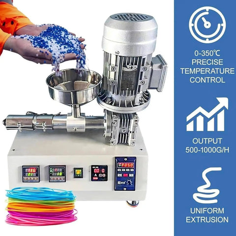 Heavy Duty Desktop 3D Printer Filament Extruder And Single Screw Plastic Pellet Recycler Machine with blue pellets and control panel.