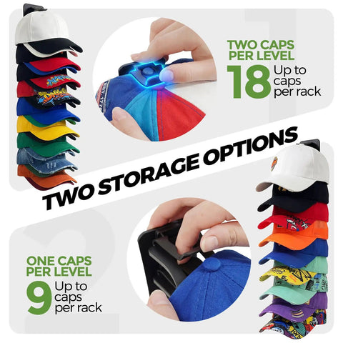 Solid Two Pack Wall Mount Hat Rack Organizer Holds Up To 36 Baseball Caps with sliding clips and colorful caps stacked