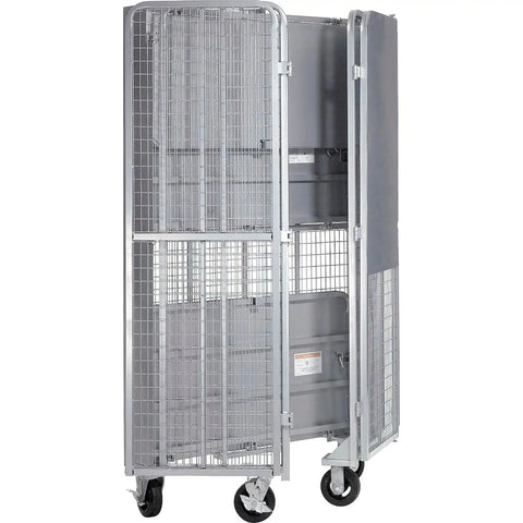 Heavy Duty Folding Security Truck With Lockable Wire Mesh Cage, Built Tough For Two Thousand Pound Loads, Gray cart with wire mesh.