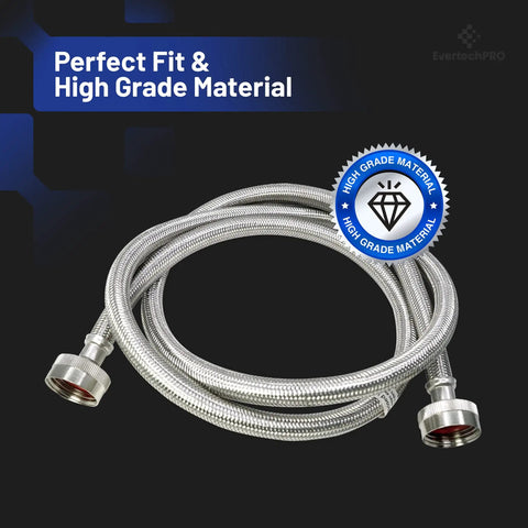 Two Pack Washing Machine Hoses With Three Quarter Inch MIP Connectors Burst Proof Universal Fit Water Inlet Supply Lines Stainless Steel Braided Super Easy DIY Replacement No Tools Needed Leak Resistant And Durable coiled on black background