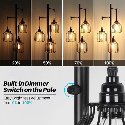 Dimmer Floor Lamp With 3X 800LM LED Edison Bulbs, Tall Standing Corner Lamp in Farmhouse Black with cage detail and dimmer switch.