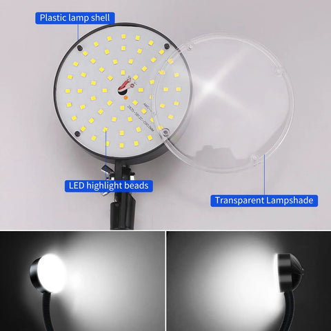 Close-up of Hella Bright 2000 Lumen Magnetic Work Light With Flexible Arm and Rock Solid Base, showing LED beads and transparent lampshade.