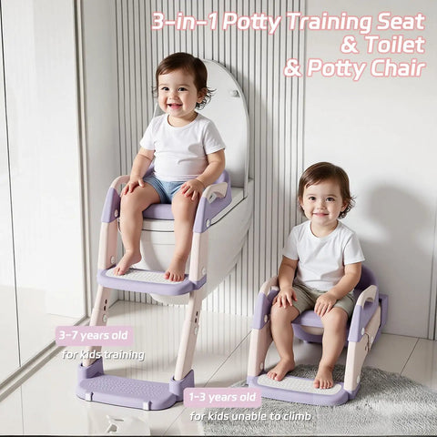 Game Changing 3-In-1 Toddler Potty Training Seat And Foldable Potty Chair With Step Stool in pink and purple, adjustable for kids.