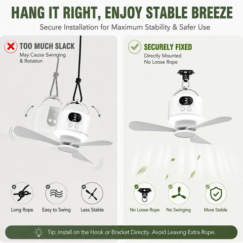 Illustration of Ultra Portable Camping Fan installation with loose and secure rope for stable breeze