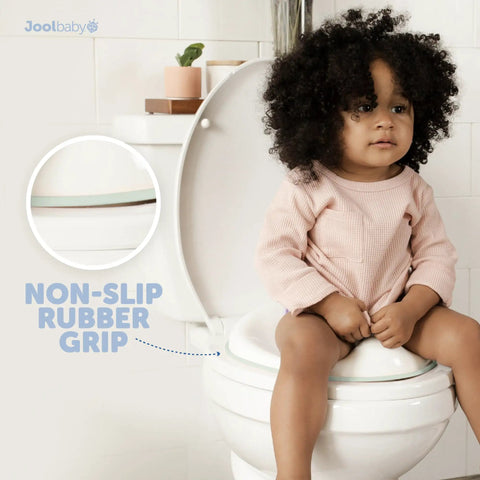No Sweat Toddler Potty Training Seat Built For Smooth Transitions To The Family Toilet With Sure Grip Non Slip Base And Reliable Splash Shield Included, child using non-slip potty seat.
