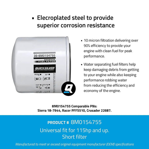 Water Separating Fuel Filter For Marine Engines With 10 Micron Filtration Delivers Over Ninety Percent Efficiency, Keeps Water And Debris Out For Peak Performance And Better Fuel Economy, showing corrosion-resistant steel design.