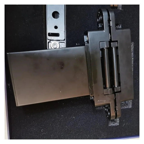 Top Shelf Concealed Hydraulic Hinges For Wood Doors And Cupboards Built Tough At 80 KG, showing black hinge with adjustable arms.
