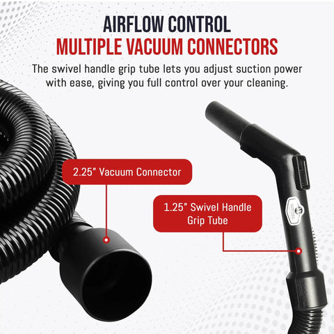 Heavy Duty Vacuum Hose Replacement 15 Foot Crushproof Industrial Grade Extension For Wet Dry Vacuums With One And A Quarter Inch Air Suction Control Connector Black showing swivel handle and vacuum connector