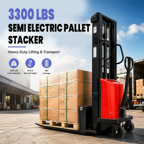 Heavy Duty Semi Electric Pallet Stacker Lift With Powerful 1.6KW Motor And Rock Solid 3300 Lbs Load Capacity for lifting pallets in warehouse.