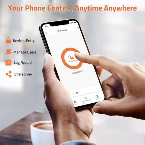 Wireless Keypad Access Control System With Weatherproof Metal Build app interface on smartphone for remote unlock.
