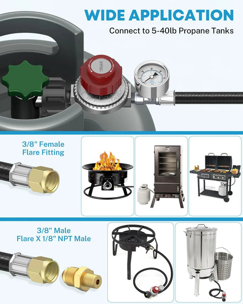 Kohree 4-ft adjustable propane regulator with hose and stainless dual gauges (0–30/0–60 psi) with 3/8 flare fitting