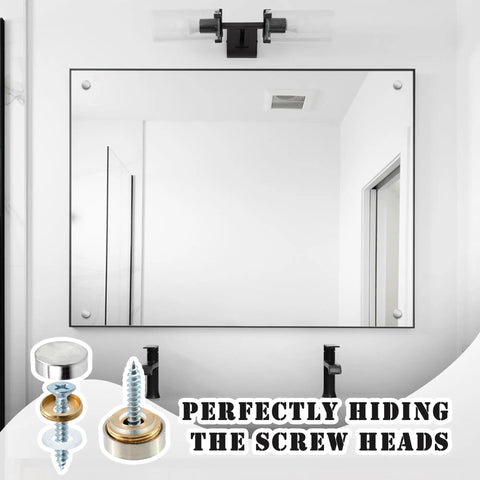 Straight Up Premium Stainless Steel Decorative Screw Covers Smooth Brushed Finish 16 Mm hidden mirror screws concealing screws on a wall mirror.