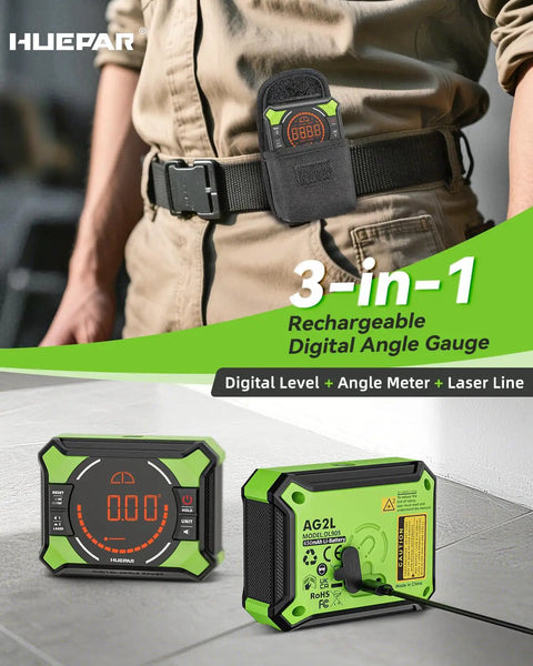 Three In One Digital Angle Gauge With Laser Level And Magnetic Base For DIY Woodworking Rechargeable 2 Beam Laser Level With Horizontal And Vertical Lines Measures 0 To 90 And 0 To 180 Degrees Ultra Handy Pro Grade Tool in belt pouch