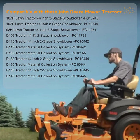 Man on orange lawn tractor compatible with John Deere Tractor models listed on image, including snowblower and collection systems.