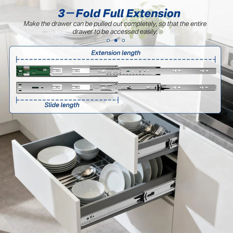 6 Pairs 22 Inch Soft Close Drawer Slides Ball Bearing Cabinet Rails Silent Hydraulic Side Mount Hardware Zero Slam Smooth Glide in kitchen drawer with dishes.