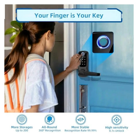 Top Tier Smart Door Lock With Handle And Hassle Free Keyless Entry Digital Security for front and interior doors in use.