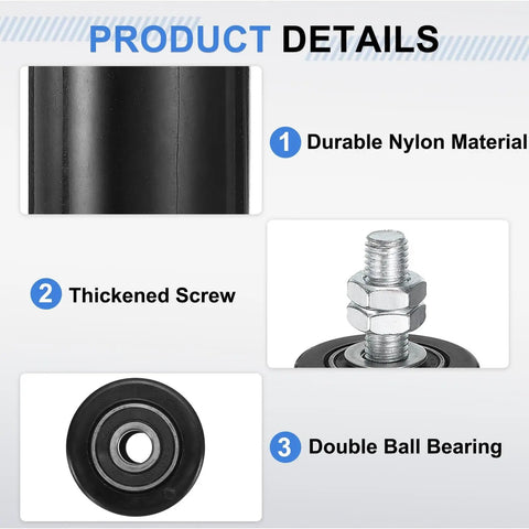 4 Pack Nylon Gate Guide Rollers For Sliding Doors, 1.97 In Dia By 2.76 In L, Sealed Ball Bearing Wheels, M12 Thread