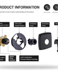 Components of Dope Matte Black Tub Shower System With Five Spray Rain Shower Head And Diverter Spout Pressure Balance Valve Includes Rough In Valve For Precise Temperature Control And Durable Brass Construction For Modern Bathrooms, showing brass rough-in valve and trim cover.