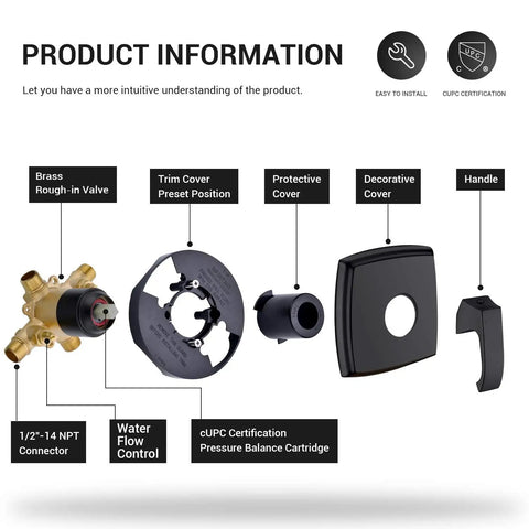 Components of Dope Matte Black Tub Shower System With Five Spray Rain Shower Head And Diverter Spout Pressure Balance Valve Includes Rough In Valve For Precise Temperature Control And Durable Brass Construction For Modern Bathrooms, showing brass rough-in valve and trim cover.