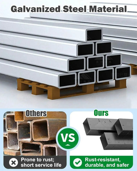 Galvanized steel material stacked on a pallet showing rust-resistant properties compared to rusty steel alternatives.