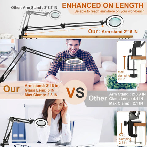 Comparison of Real Glass 5 Inch Magnifying Glass With LED Light And Stand, 2'16" arm stand against another with shorter reach.