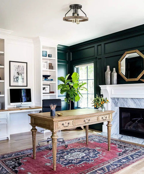 Farmhouse Flush Mount Ceiling Light With Metal And Wood Open Frame in home office featuring desk and fireplace