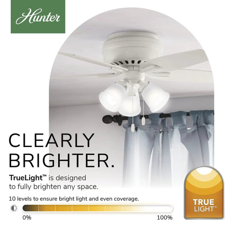 Ceiling-mounted 42 Inch Newsome Premier Bronze Low Profile Ceiling Fan With LED Light Kit, shown in a bright room.