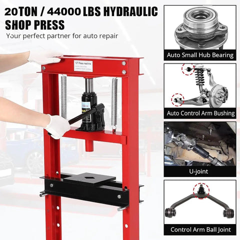 20-ton hydraulic shop press with auto repair components, red frame, and stamping plates, hands operating for garage workshop use