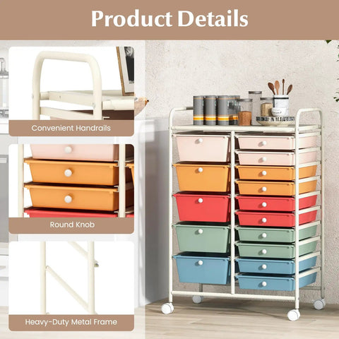 15 Drawer Rolling Storage Cart With Lockable Wheels And Removable Drawers showcasing colorful drawers and metal frame.