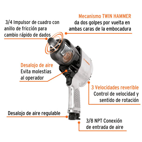 Heavy Duty Pneumatic Impact Wrench 3/4 Inch Drive For Serious Mechanic Jobs, featuring adjustable airflow and reversible speeds.